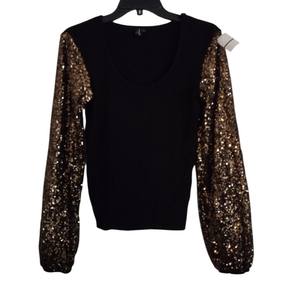 Blank London Anthropologie Black and Gold Sequin Sleeve Top Size Small